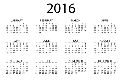 2016 Yearly Calendar Blackand White PNG
