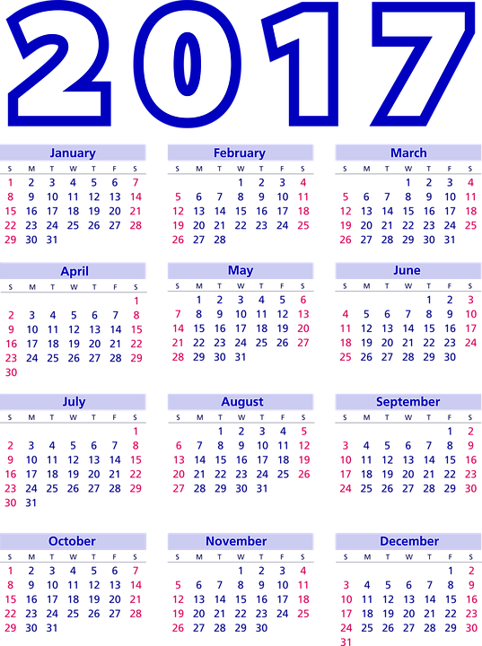2017 Full Year Calendar PNG