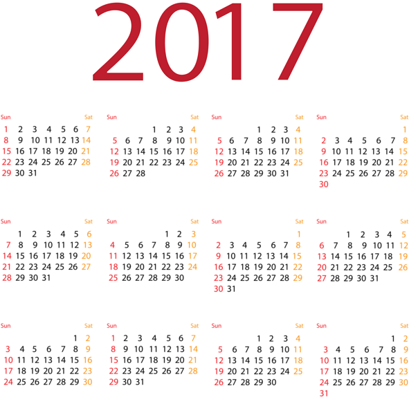 2017 Full Year Calendar Clipart PNG