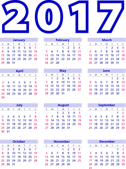 2017 Yearly Calendar Blue Background PNG