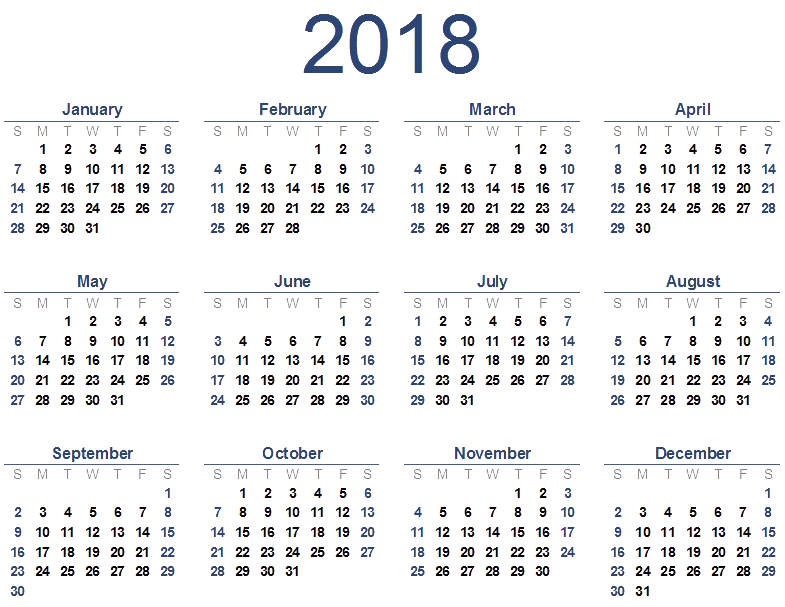 2018 Calendar Overview PNG