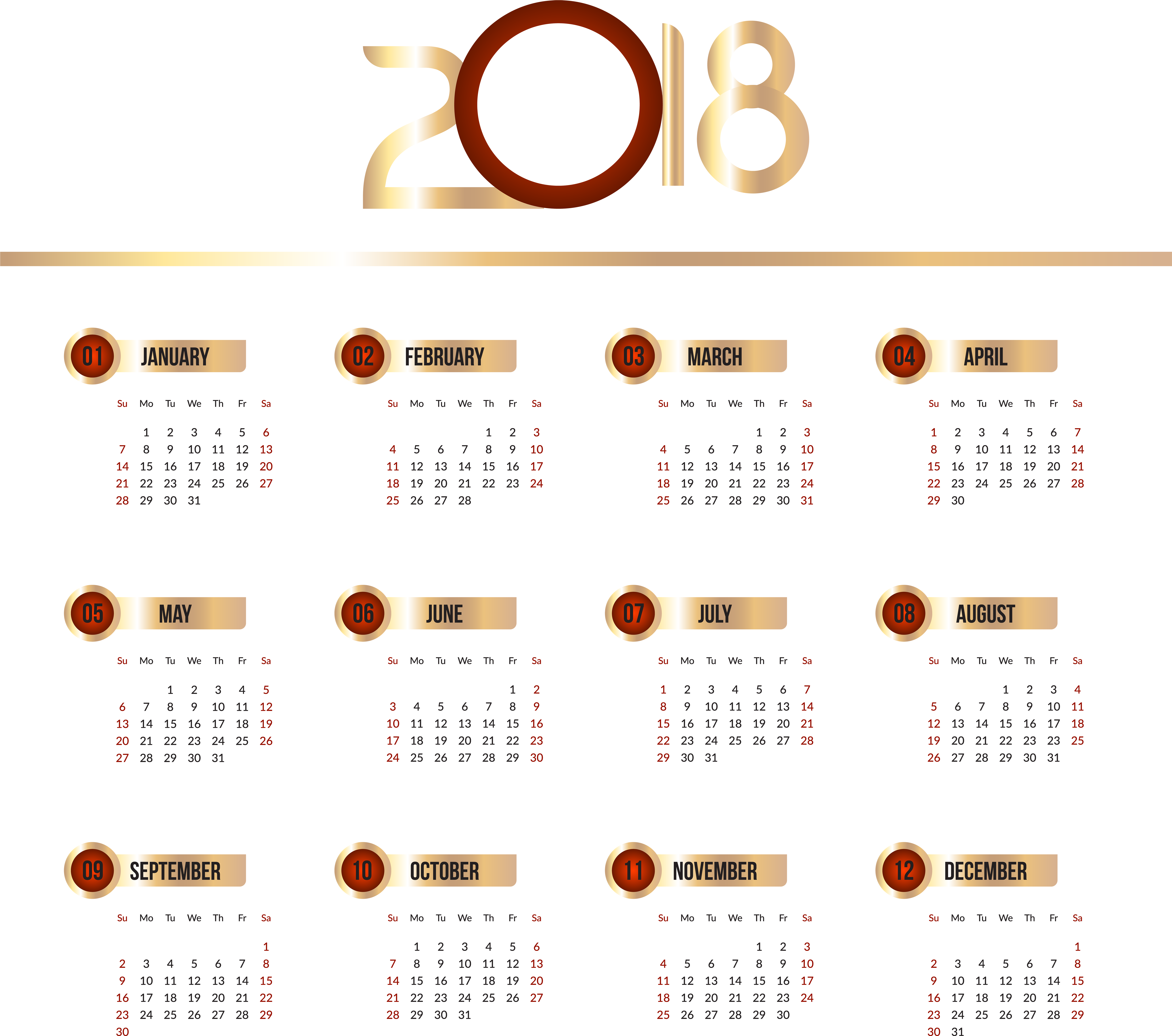 2018 Complete Year Calendar Clipart PNG