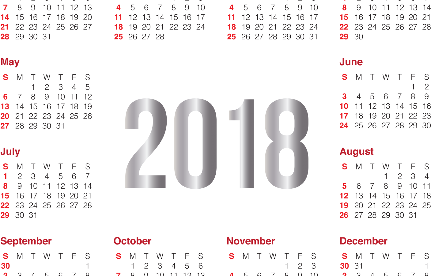 2018 Yearly Calendar Clipart PNG