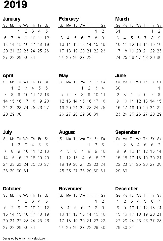2019 Complete Year Calendar Clipart PNG