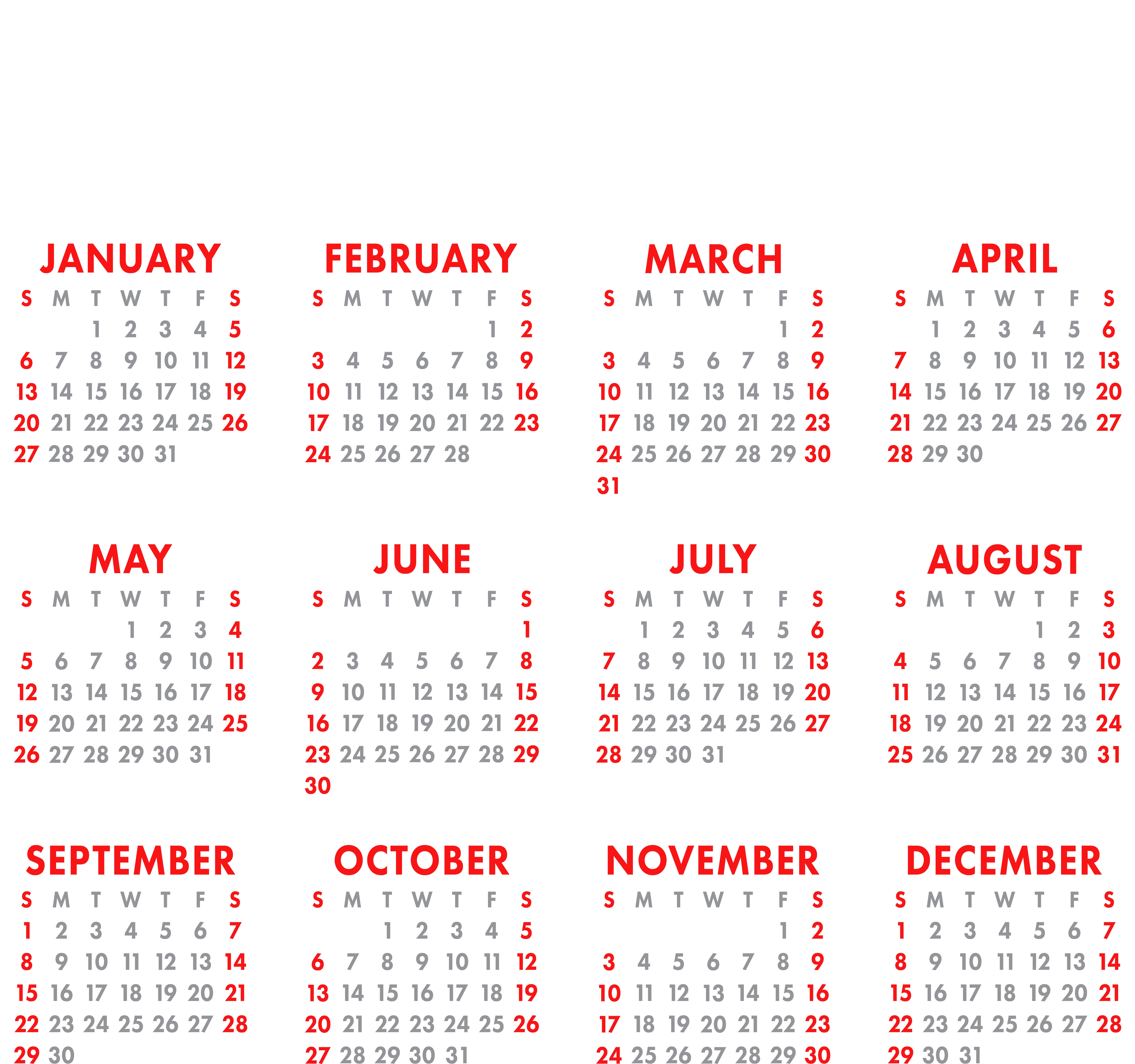 2019 Full Year Calendar Clipart PNG