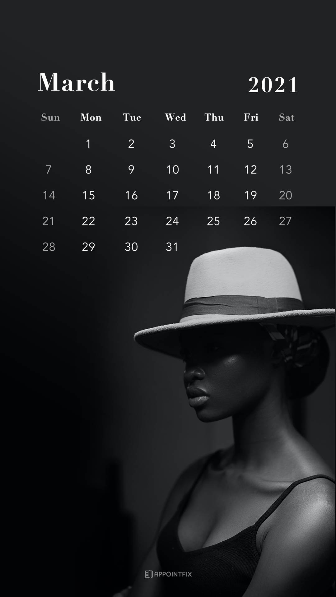 March 2021 Calendar With A Woman In A Hat Wallpaper