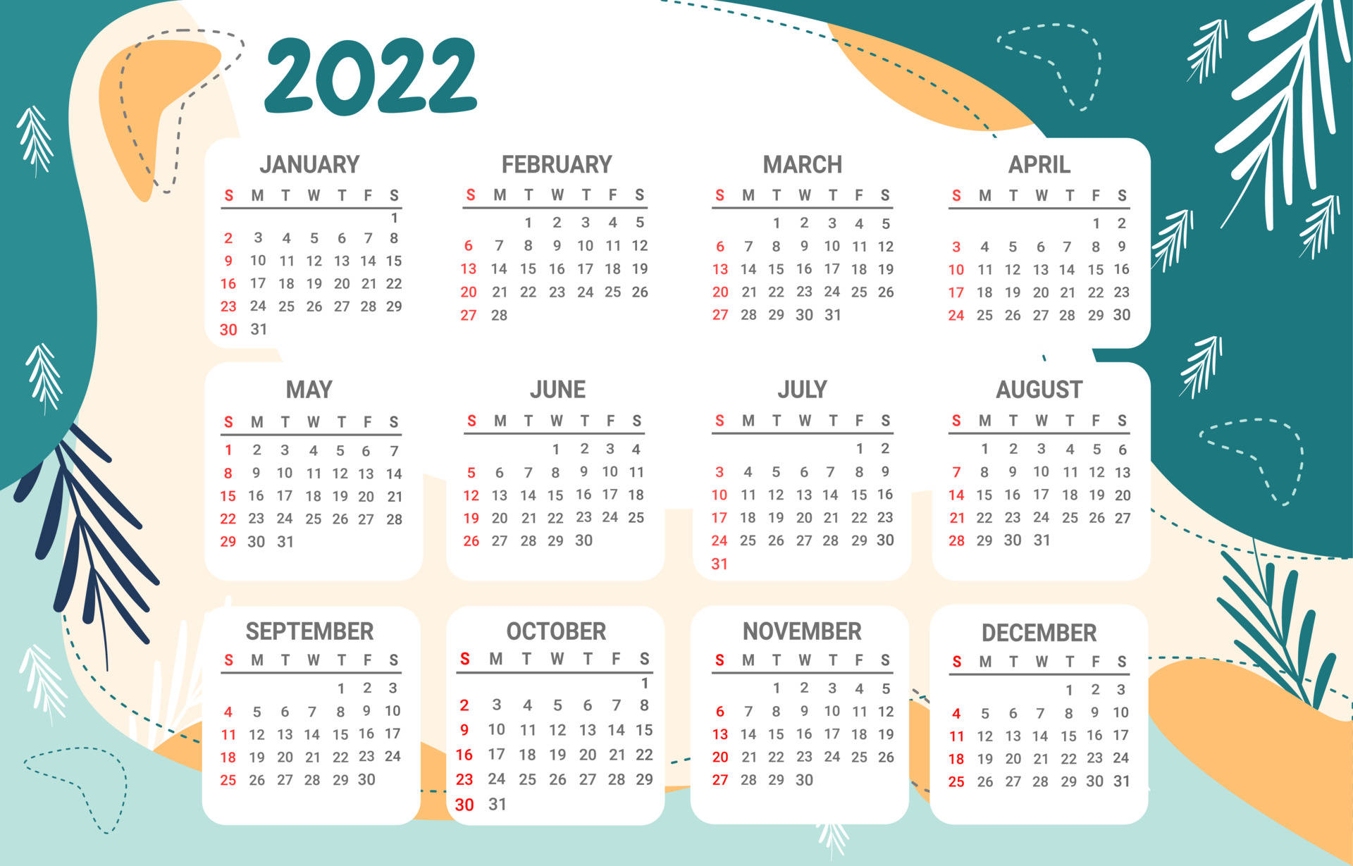 2022 Calendar With Palm Leaf Picture