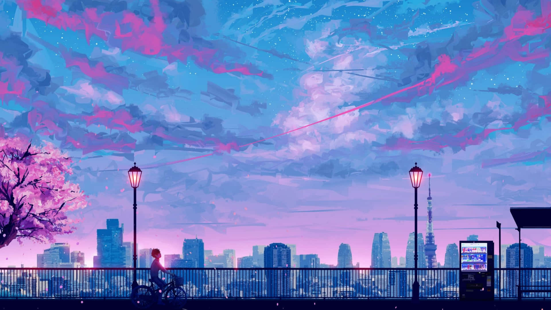 2048x1152 Aesthetic Blue And Pink Anime City Wallpaper