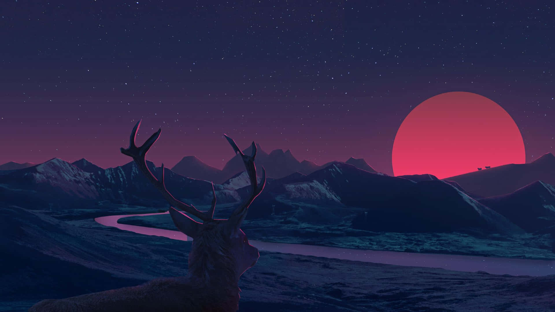 2048x1152 Aesthetic Retro Deer Mountain Sunset Wallpaper