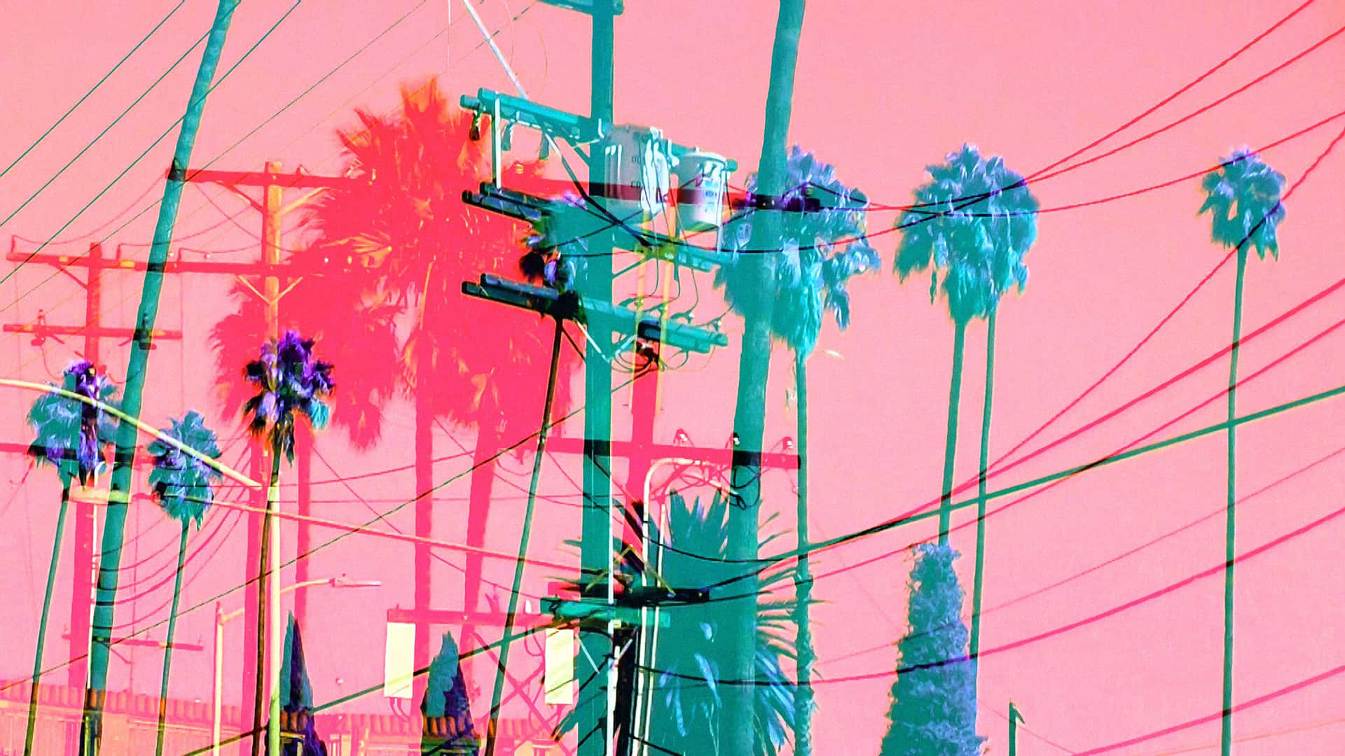 2048x1152 Aesthetic Glitch Pink Palm Trees Wallpaper