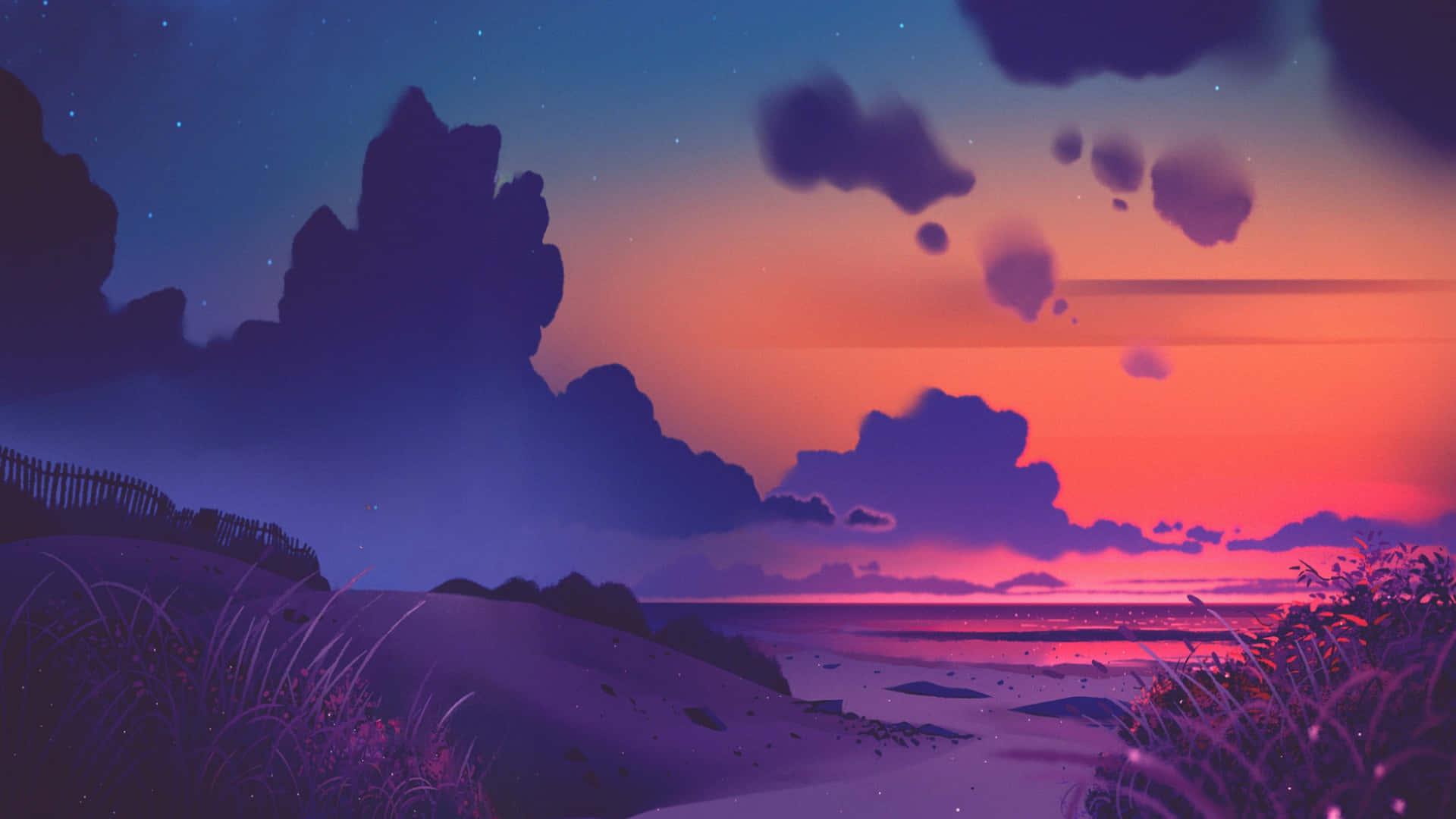 2048x1152 Aesthetic Sunset Beach Digital Art Wallpaper