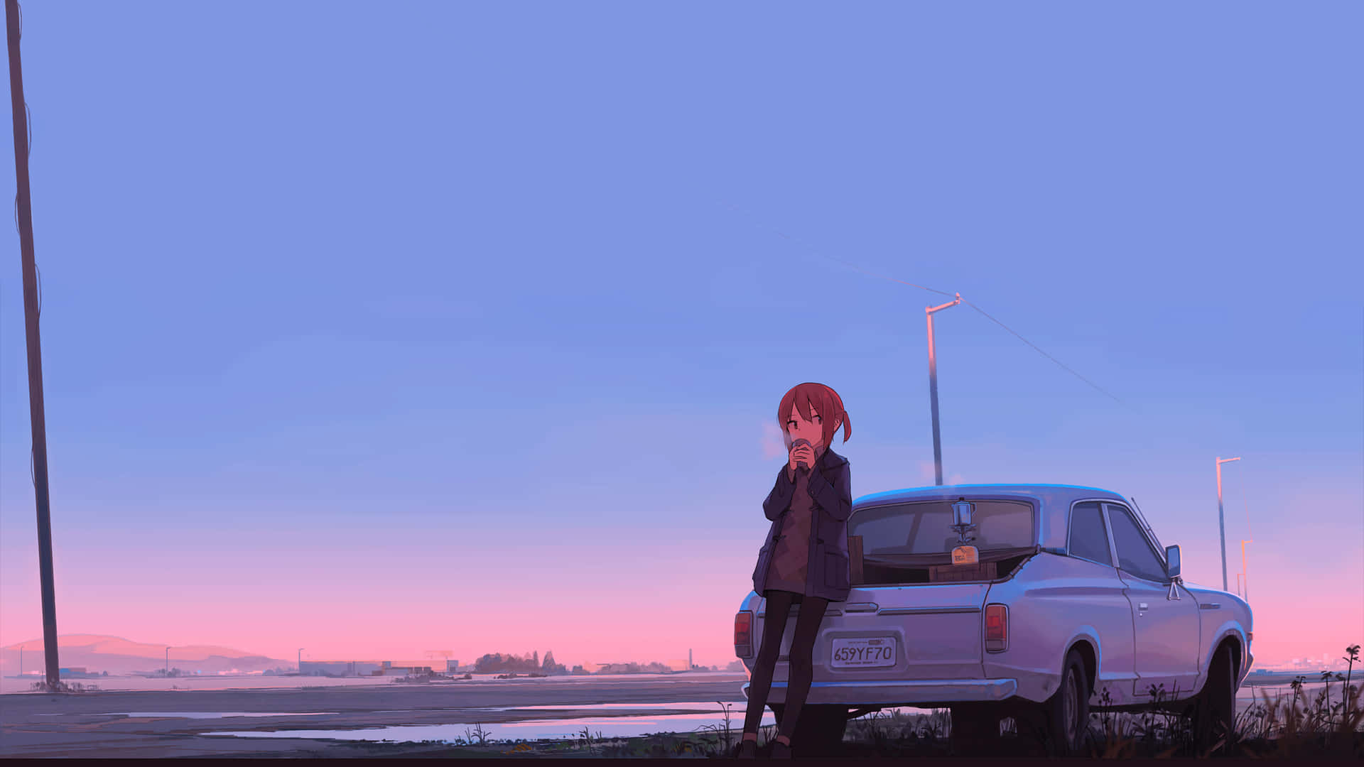 2048x1152 Aesthetic Anime Girl Leaning On Car Wallpaper