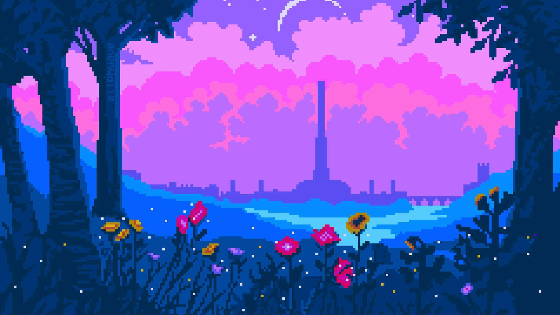 2048x1152 Aesthetic Pink And Purple City Pixel Art Wallpaper