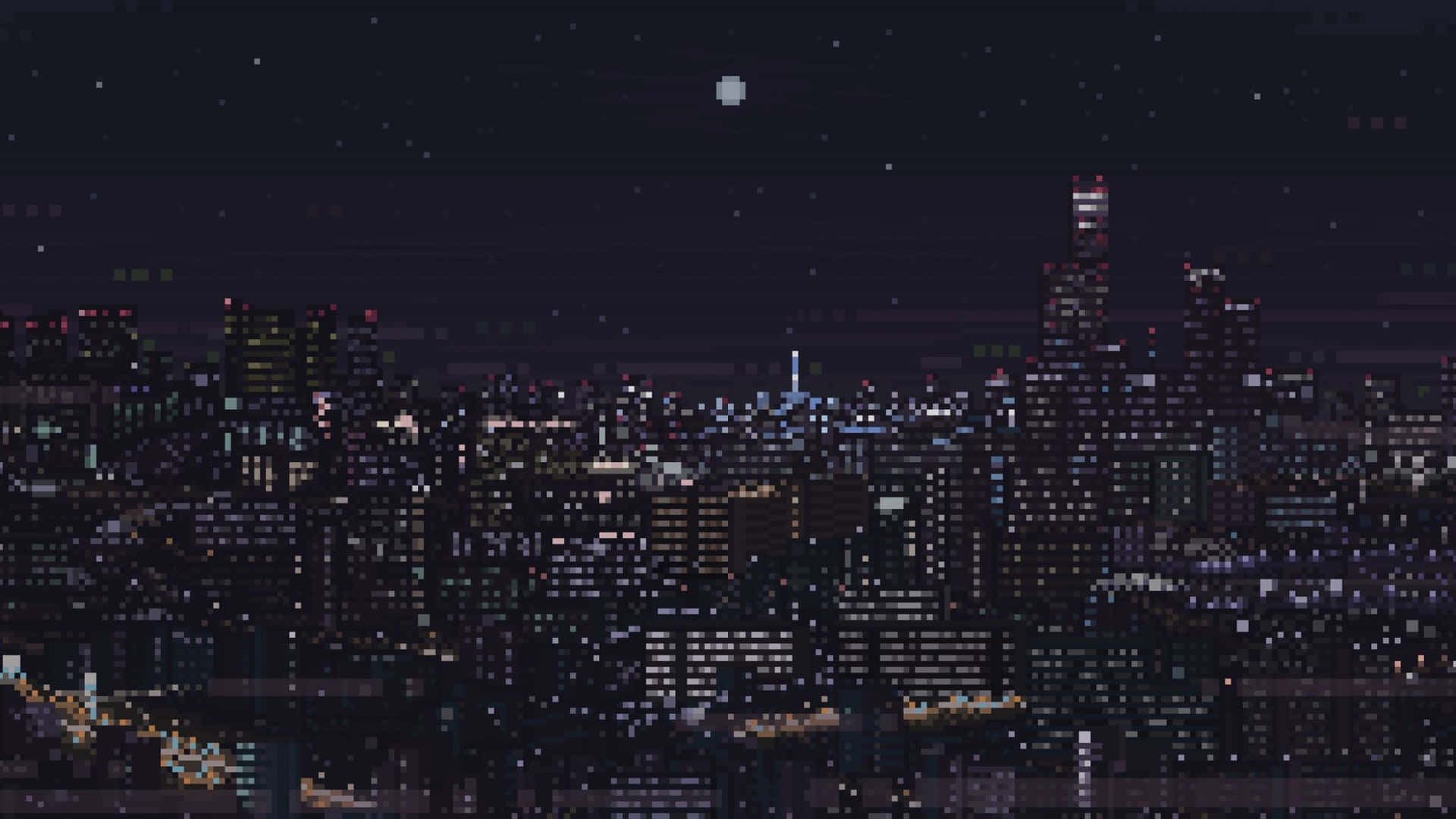 Pixelkonststadssiluett På Natten Wallpaper