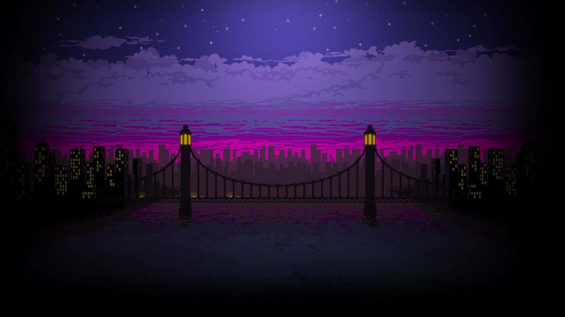 A Purple Night Sky With A Bridge And City Lights Wallpaper
