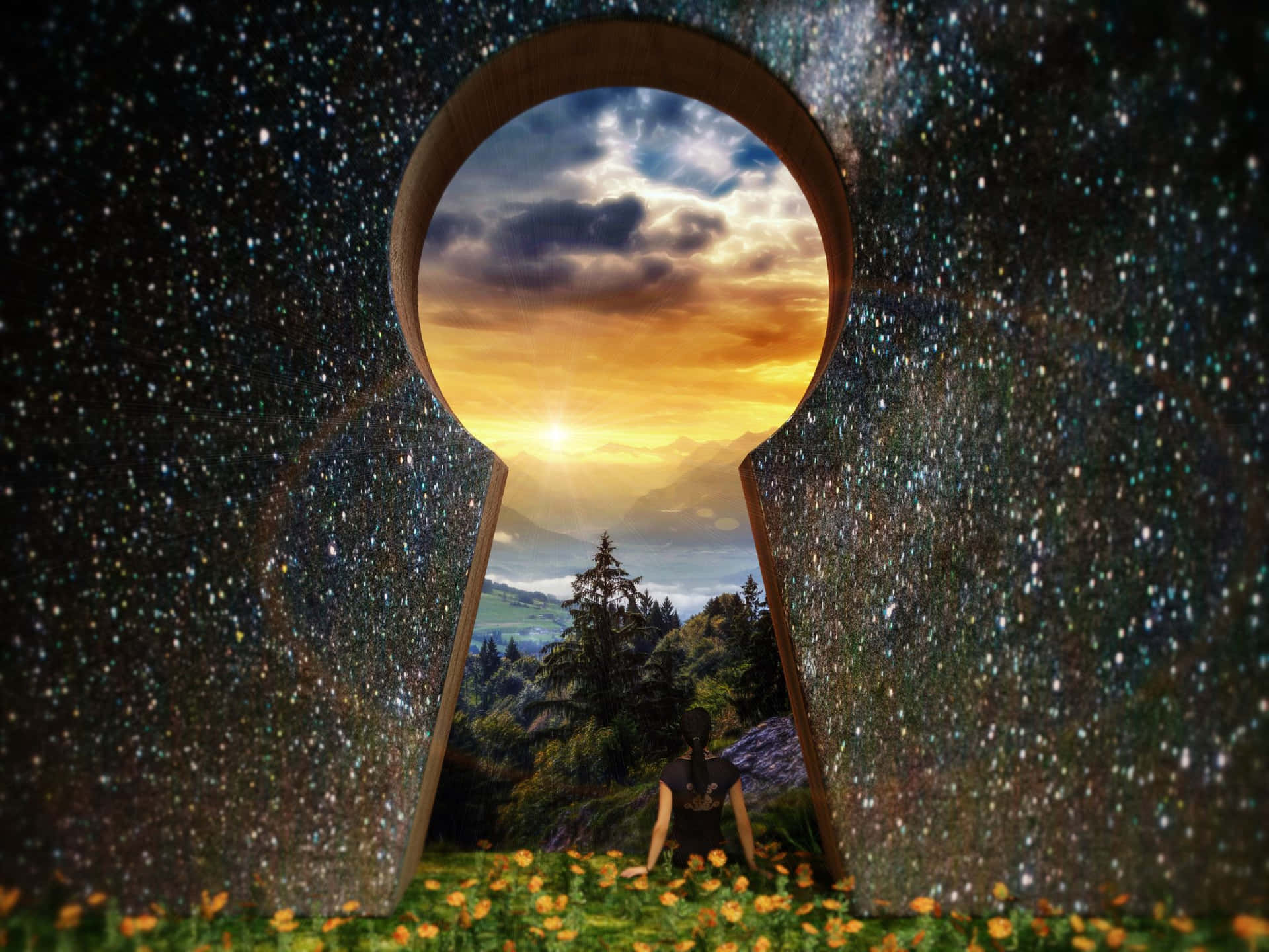 A Keyhole With A Starry Sky And A Field Of Flowers Wallpaper