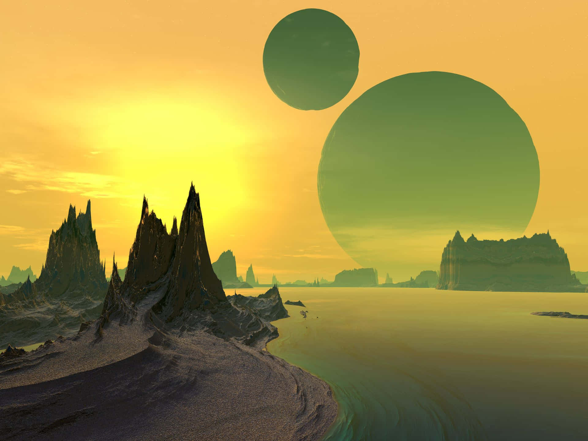 Unplaneta Verde Con Un Sol Amarillo Y Una Luna Verde Fondo de pantalla