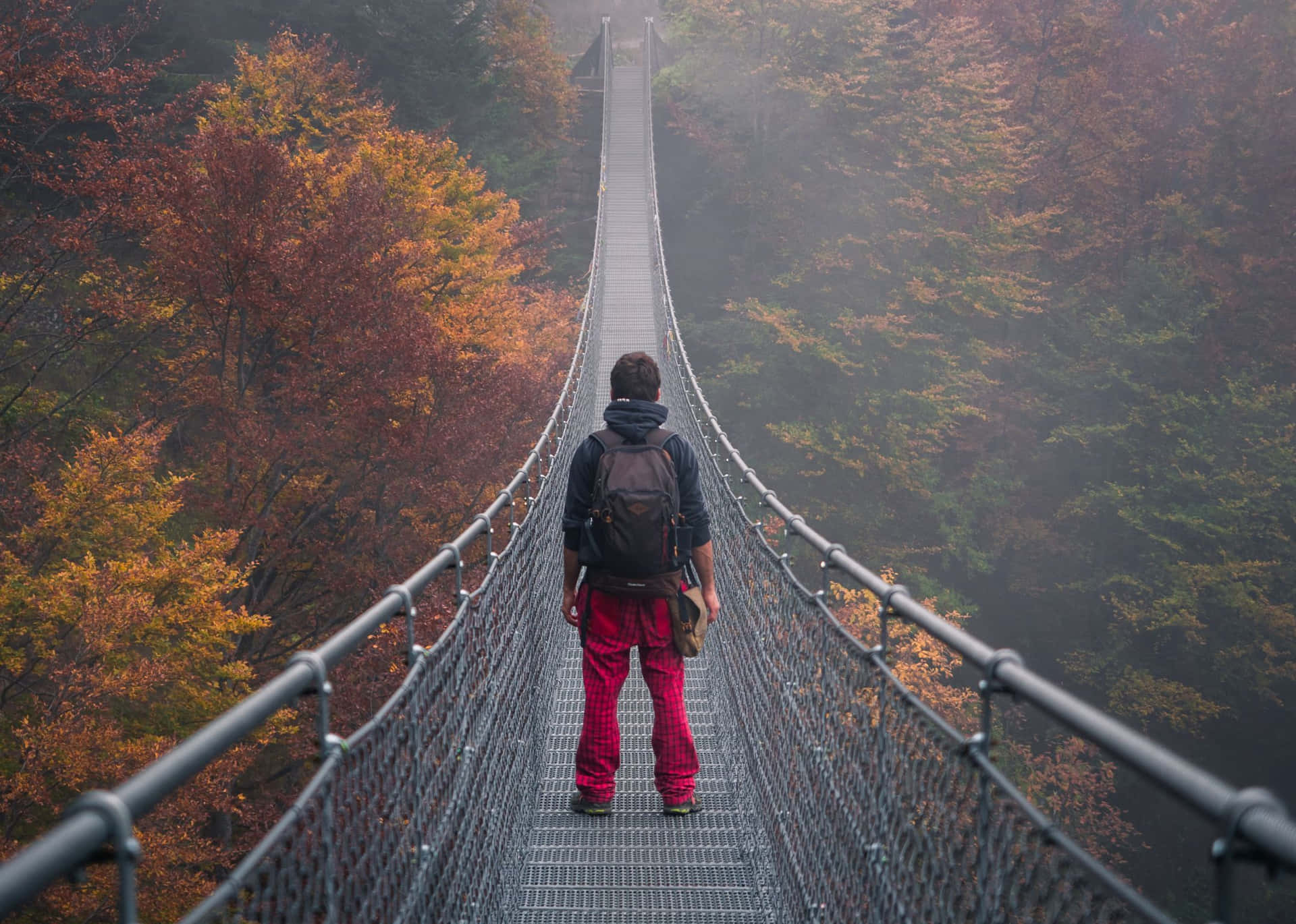 A Man Standing On A Suspension Bridge In The Fall Wallpaper