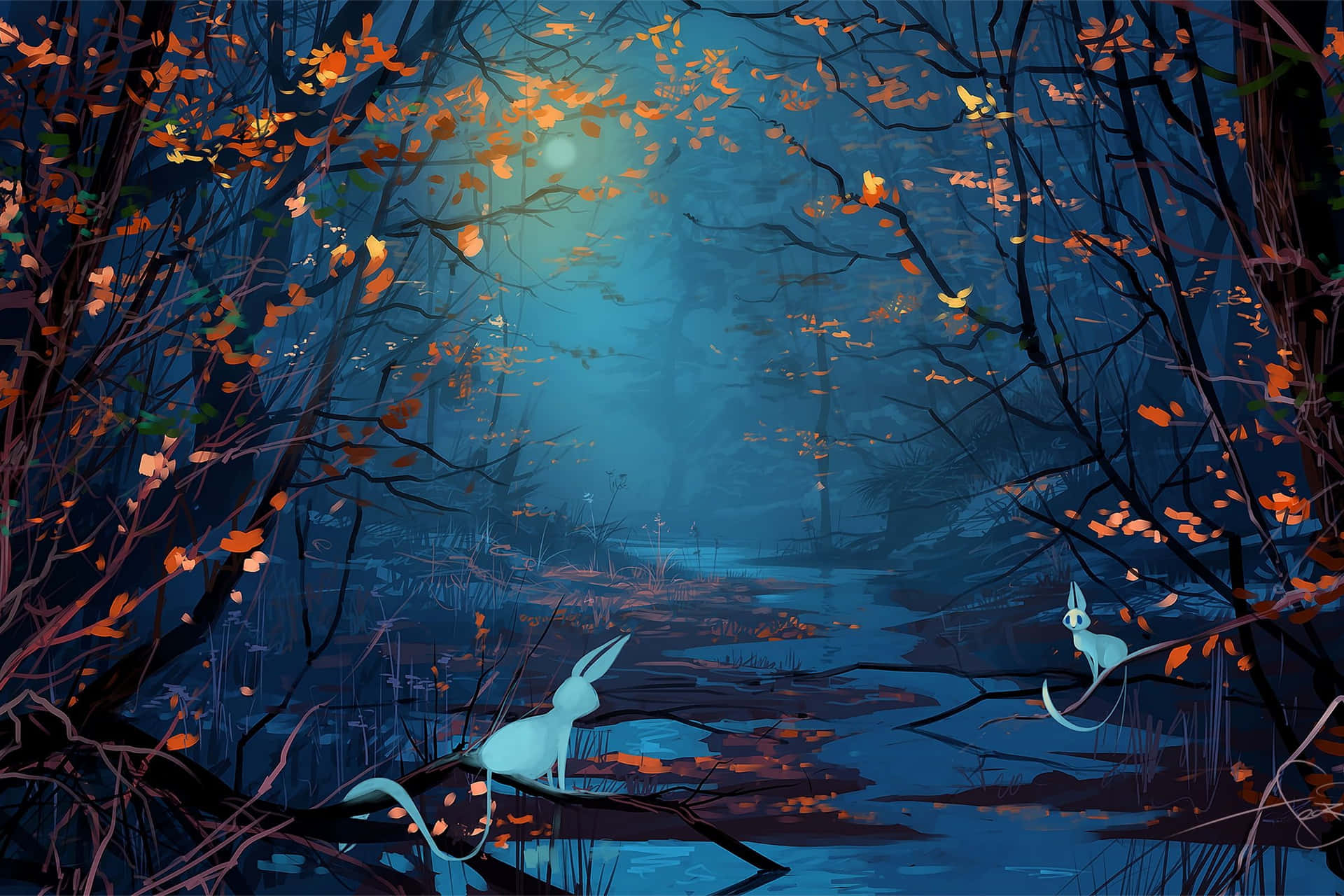 A Painting Of A Forest With Birds In The Trees Wallpaper