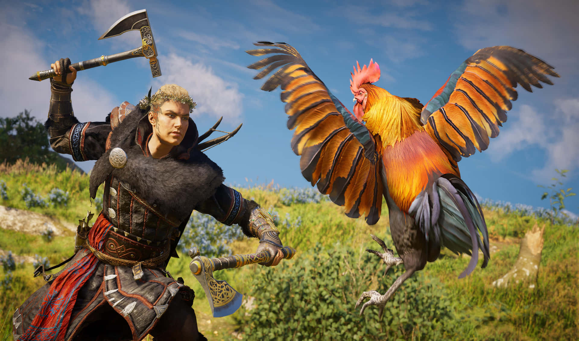 A Man With A Sword And A Rooster In The Background