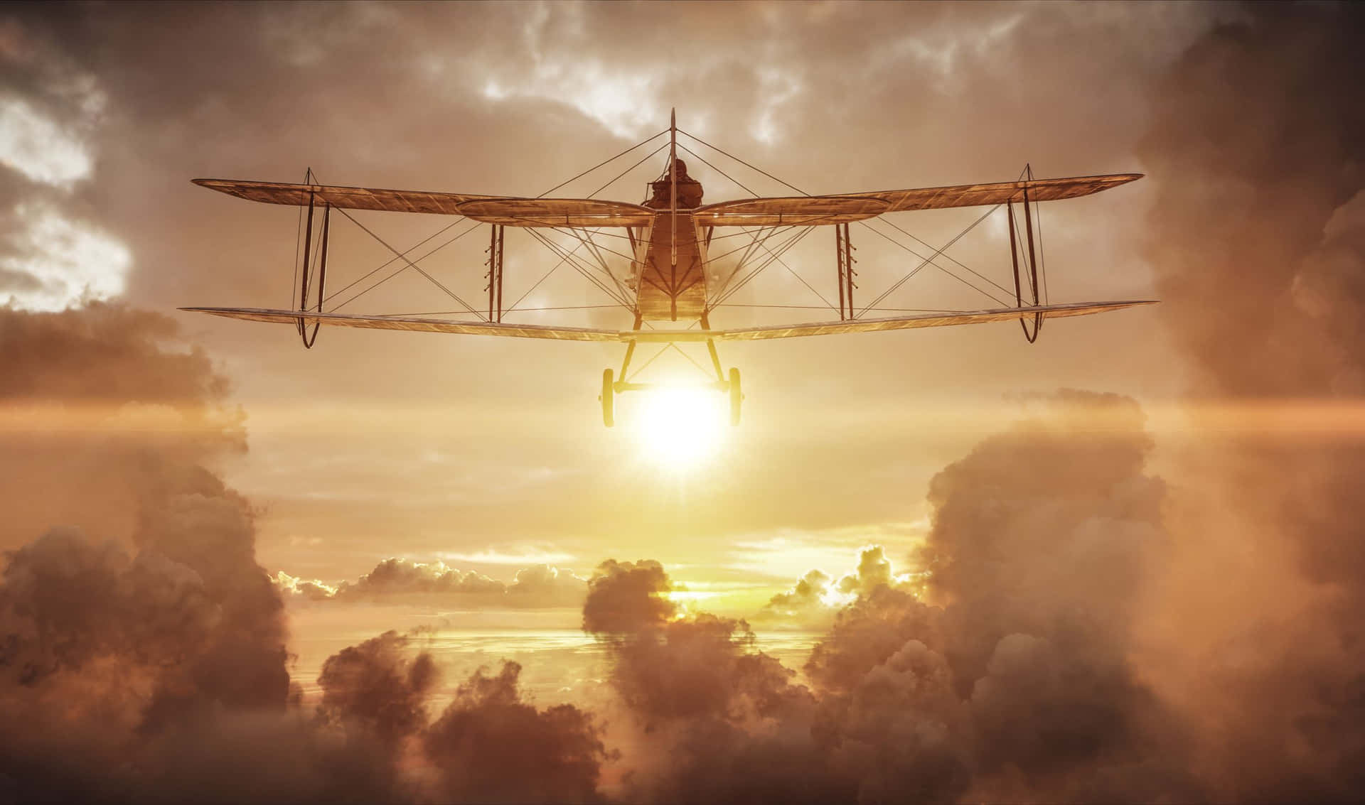 A Vintage Biplane Flying Through The Clouds