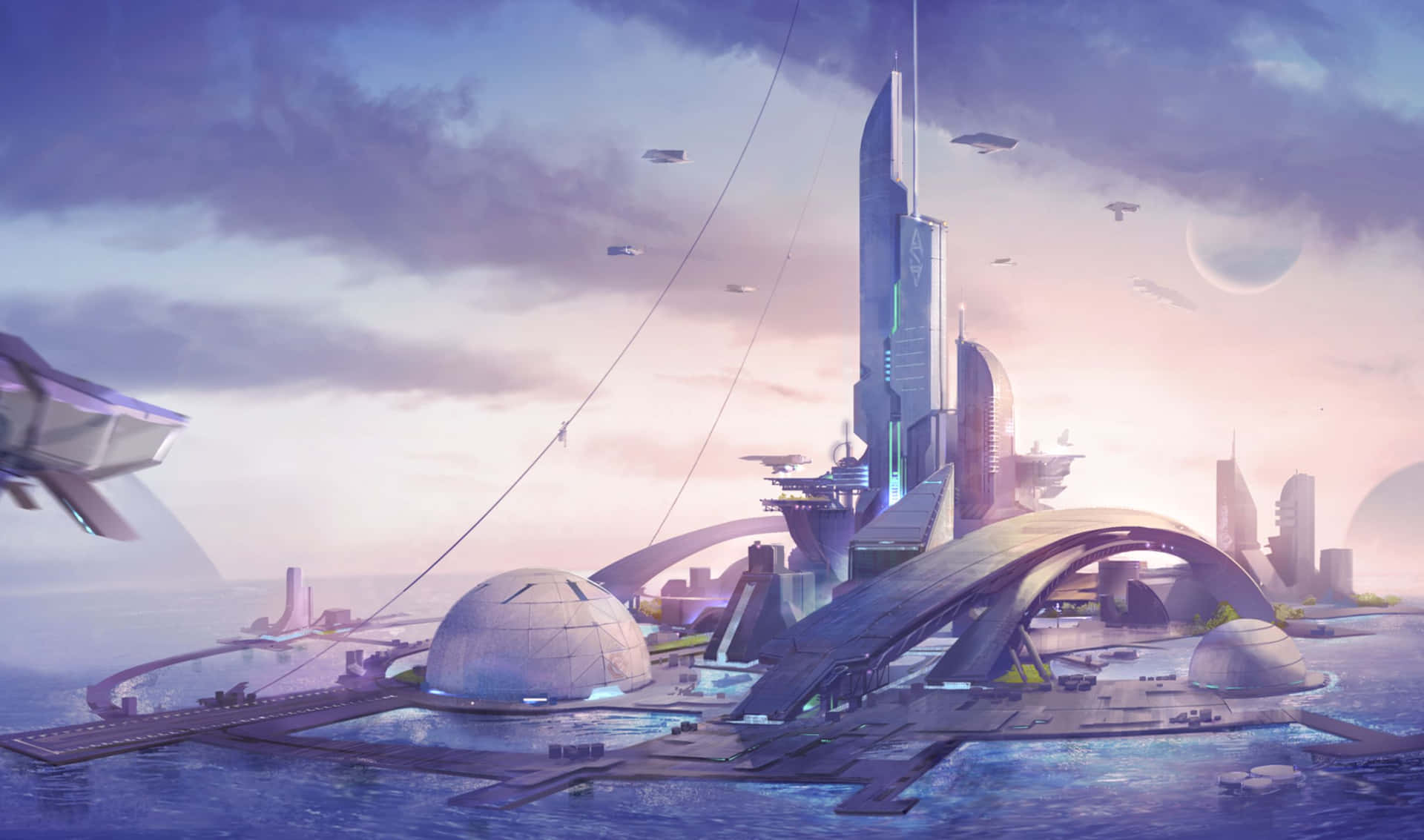 A Futuristic City With A Spaceship Flying Over It