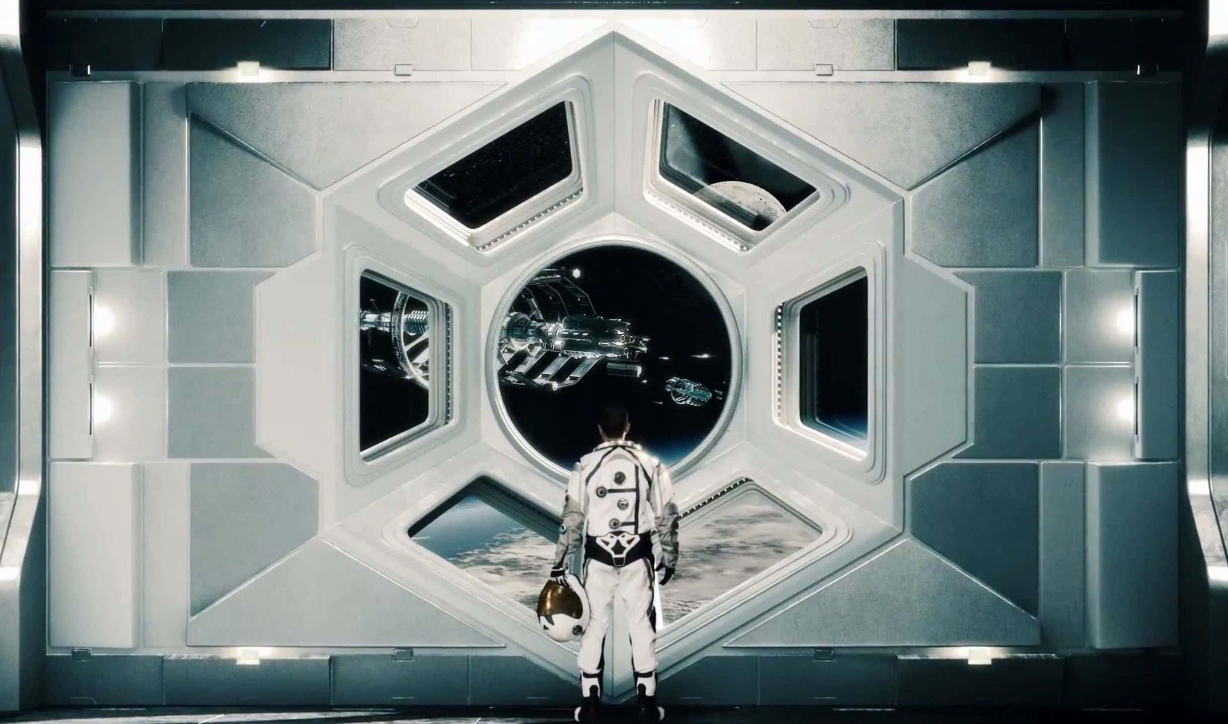 A Man In Spacesuit Standing In Front Of A Door