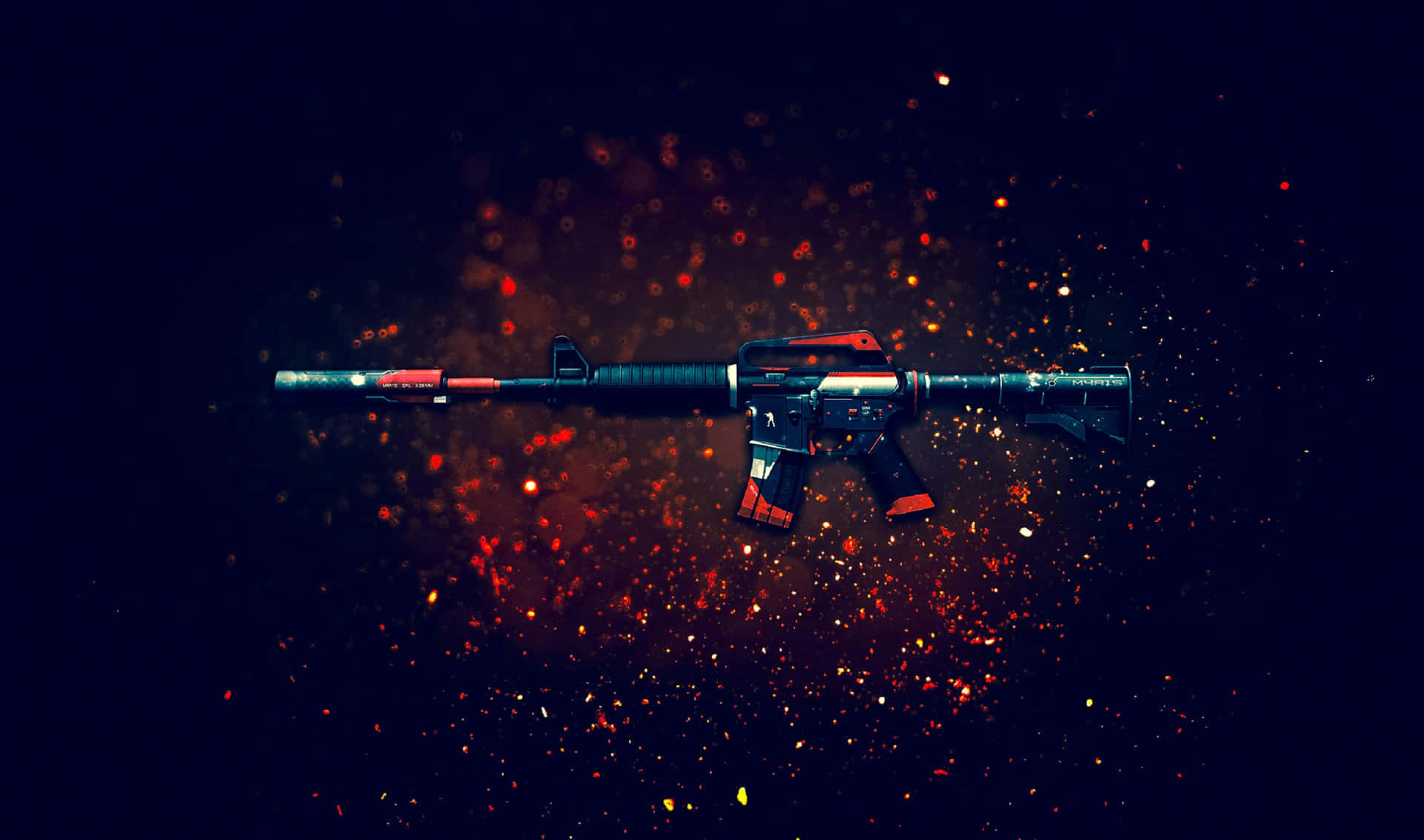 A Rifle With Red And Orange Flames On A Black Background