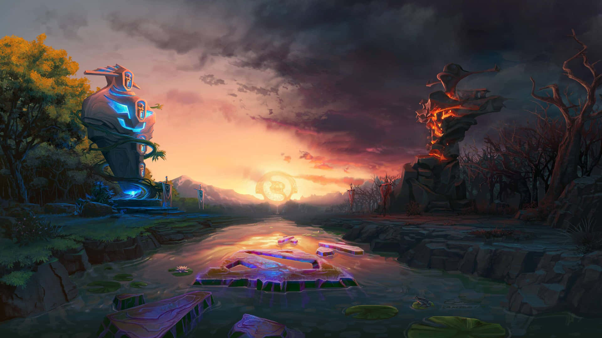 2440x1440 Dota 2 Background Two Towers River Background