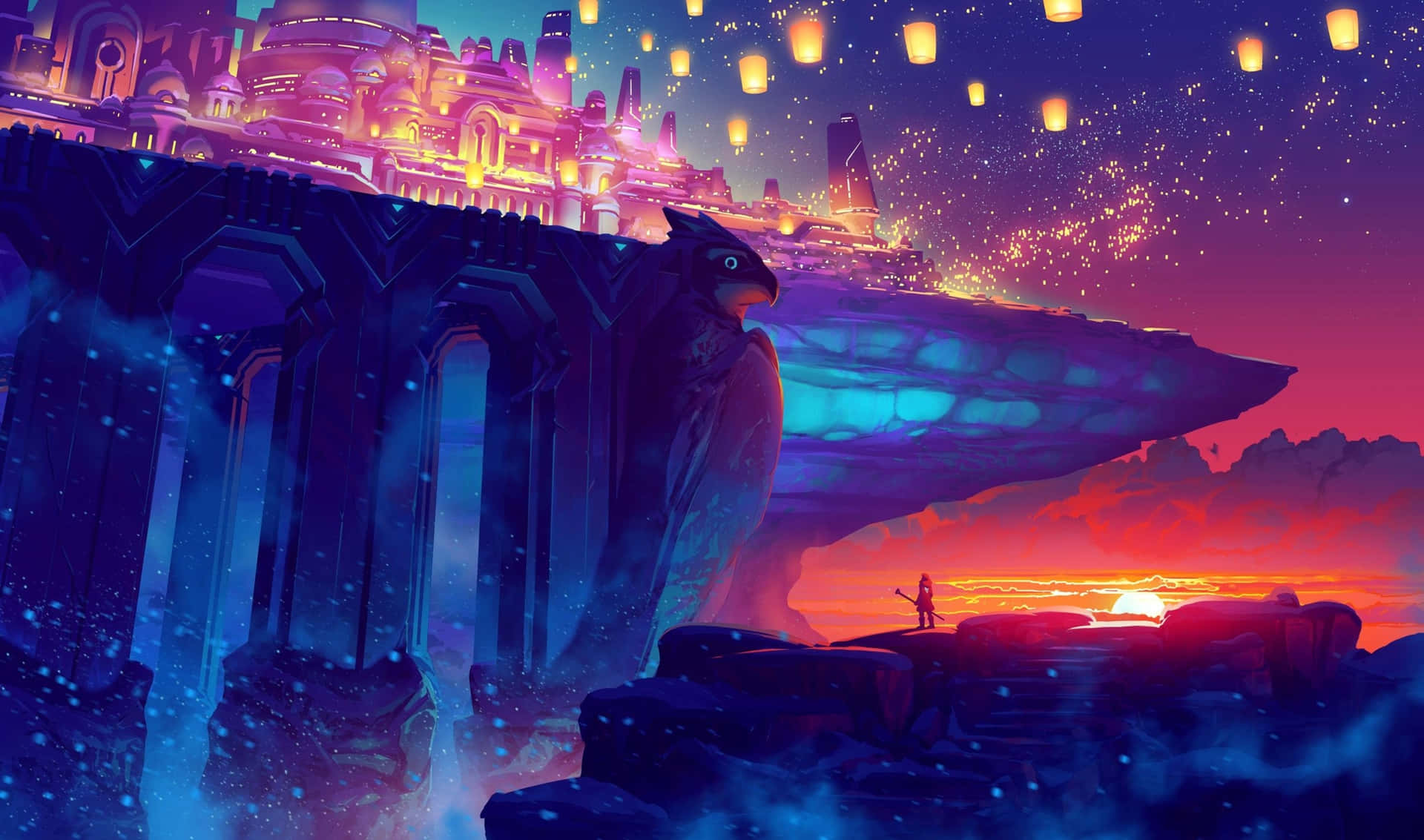 A Fantasy Landscape With A Castle And Lanterns