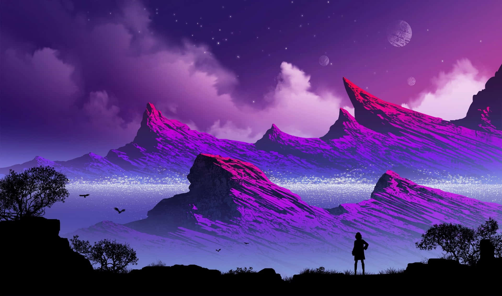 a woman is standing in front of a mountain with purple and blue sky