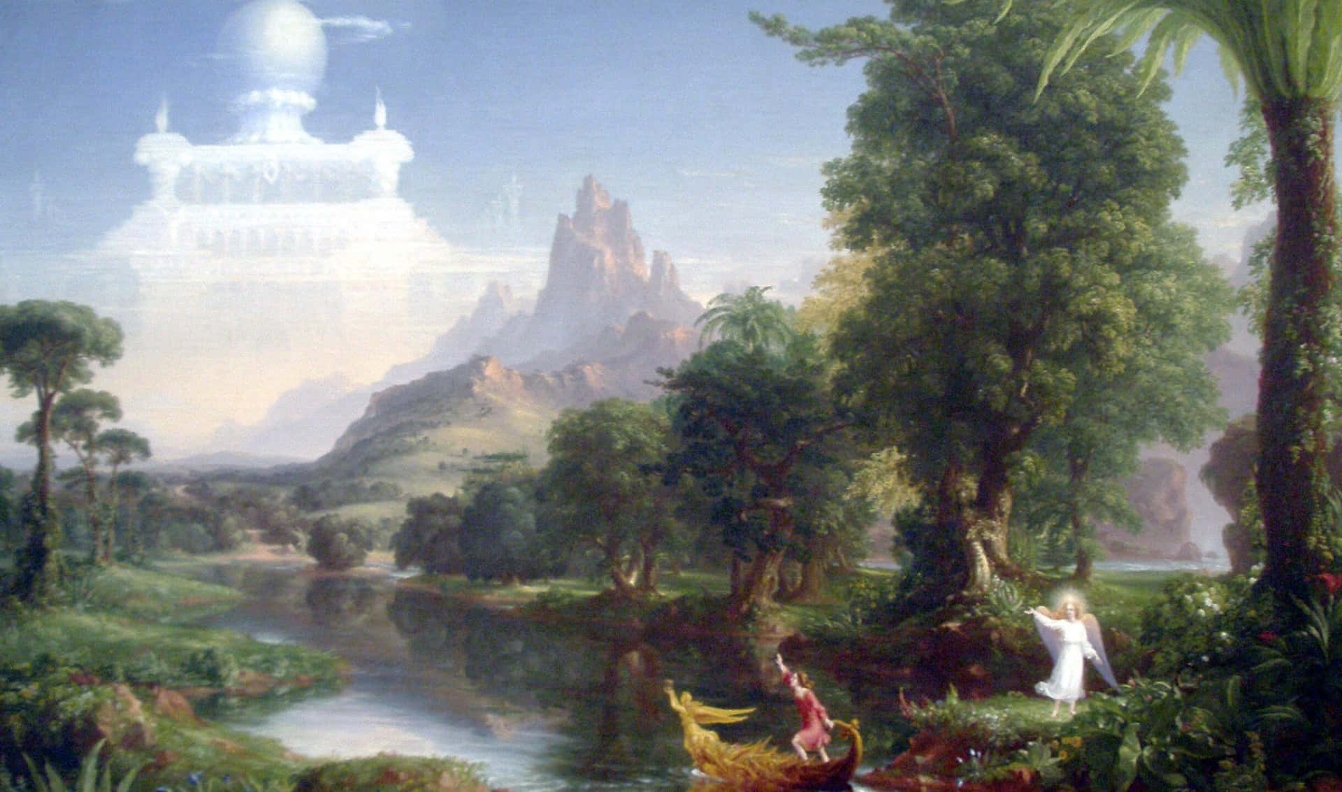 a painting of a river and a castle