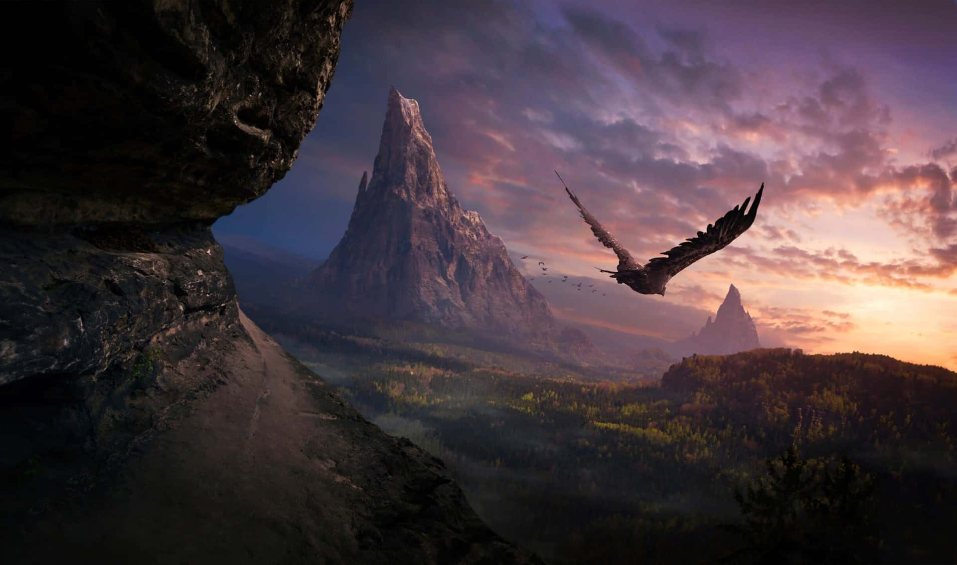 a bird flies over a mountain at sunset