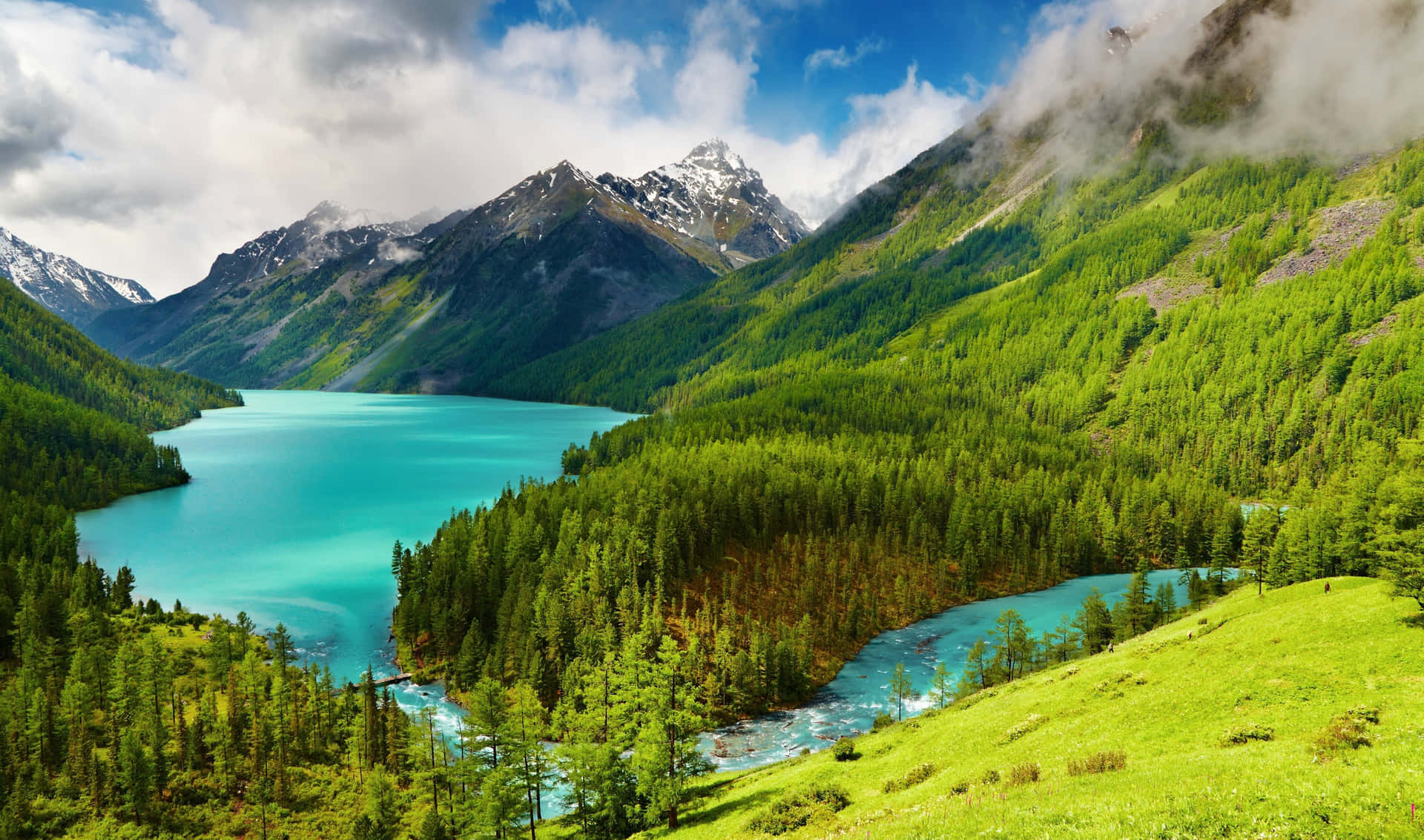 a lake in the mountains with trees and mountains