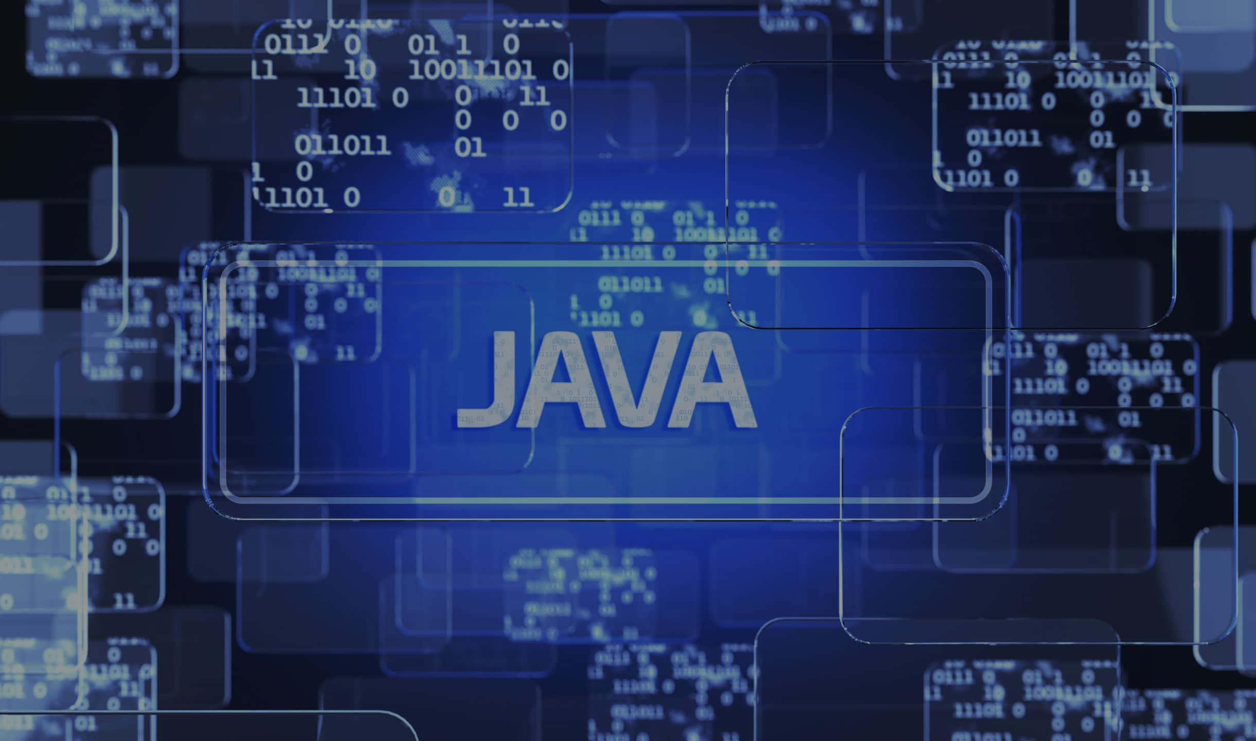 2440x1440 Programming Background Blue JAVA Scripts Background — The word JAVA glows in silver against a deep blue digital backdrop filled with floating binary code and translucent interface panels.
