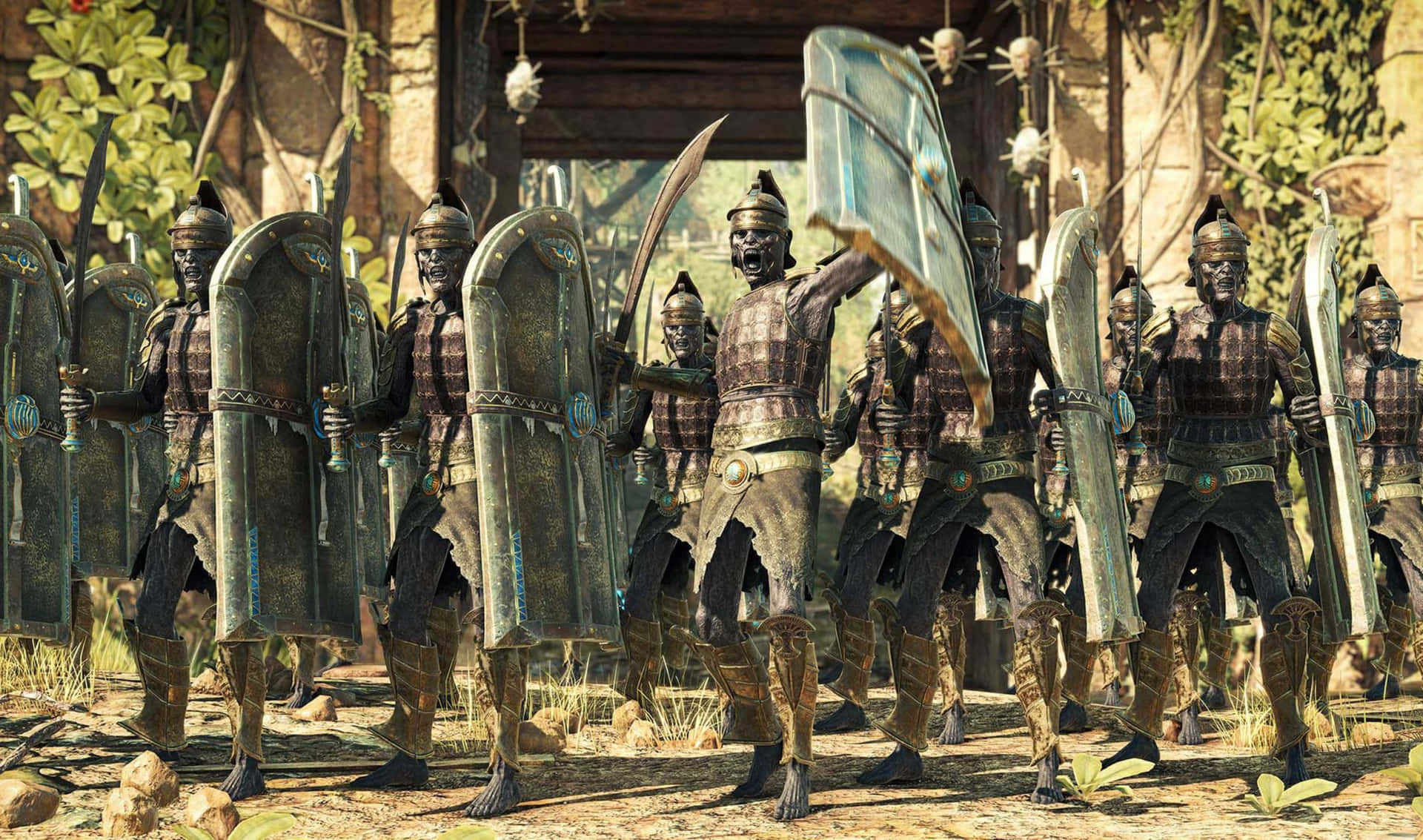 A Group Of Soldiers In Armor Standing In Front Of A Tree