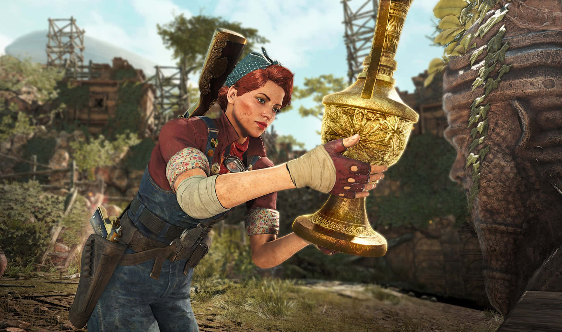 A Woman Holding A Golden Statue In A Video Game