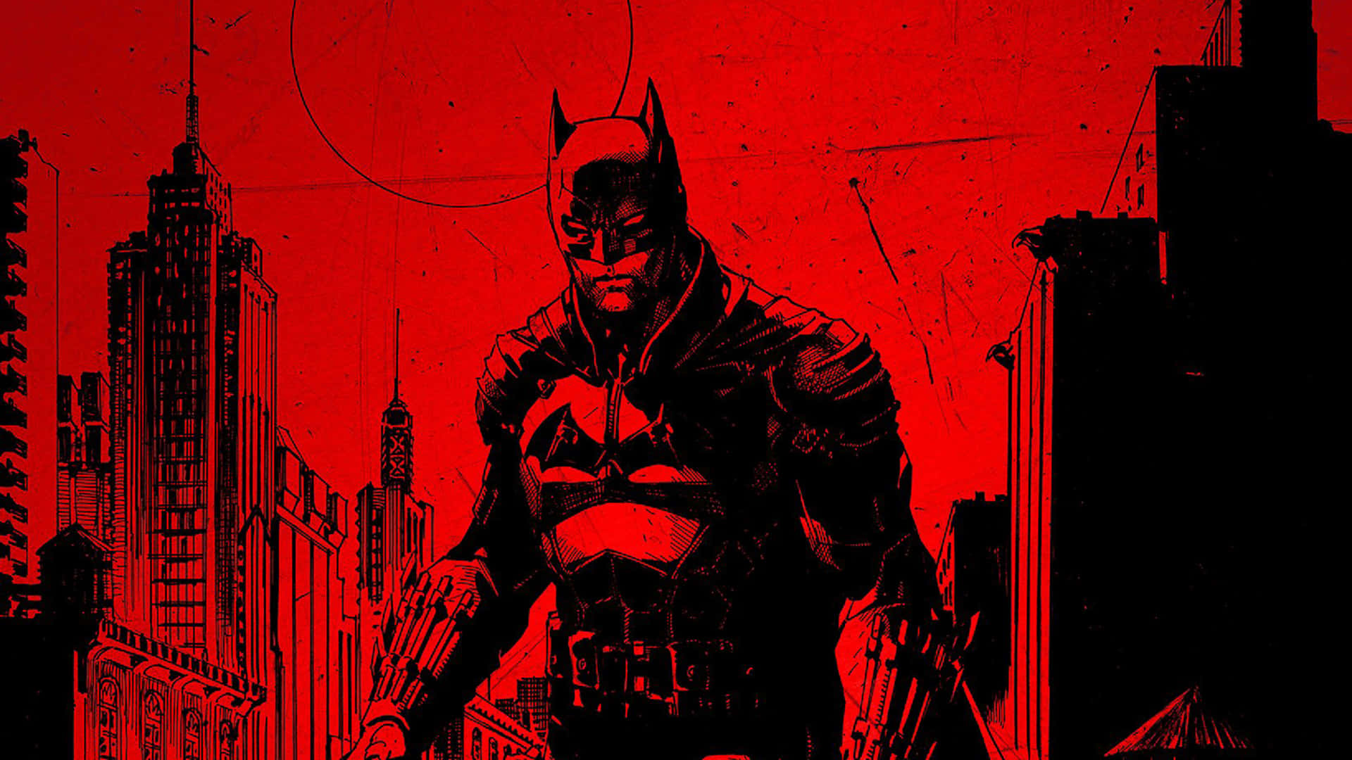 A fearsome Batman surveys the city of Gotham Wallpaper