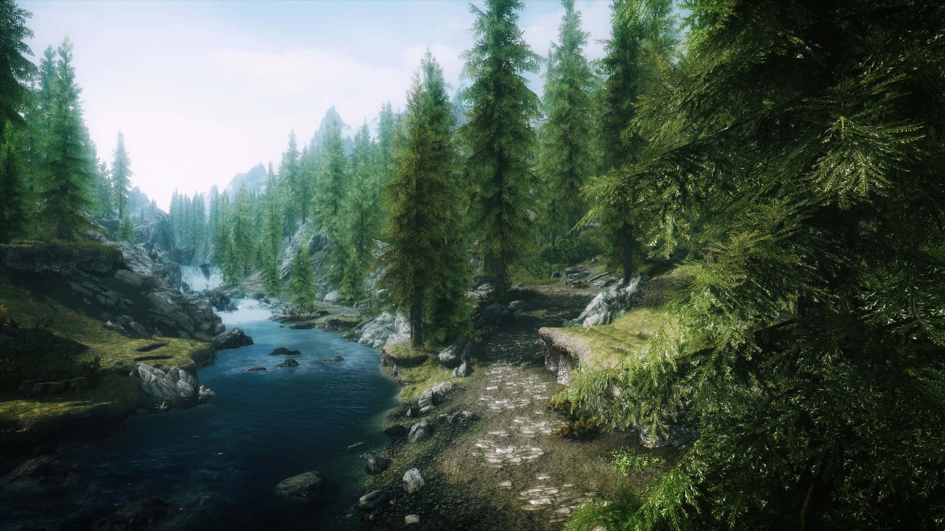 2560 X 1440 Skyrim River And Forest Wallpaper