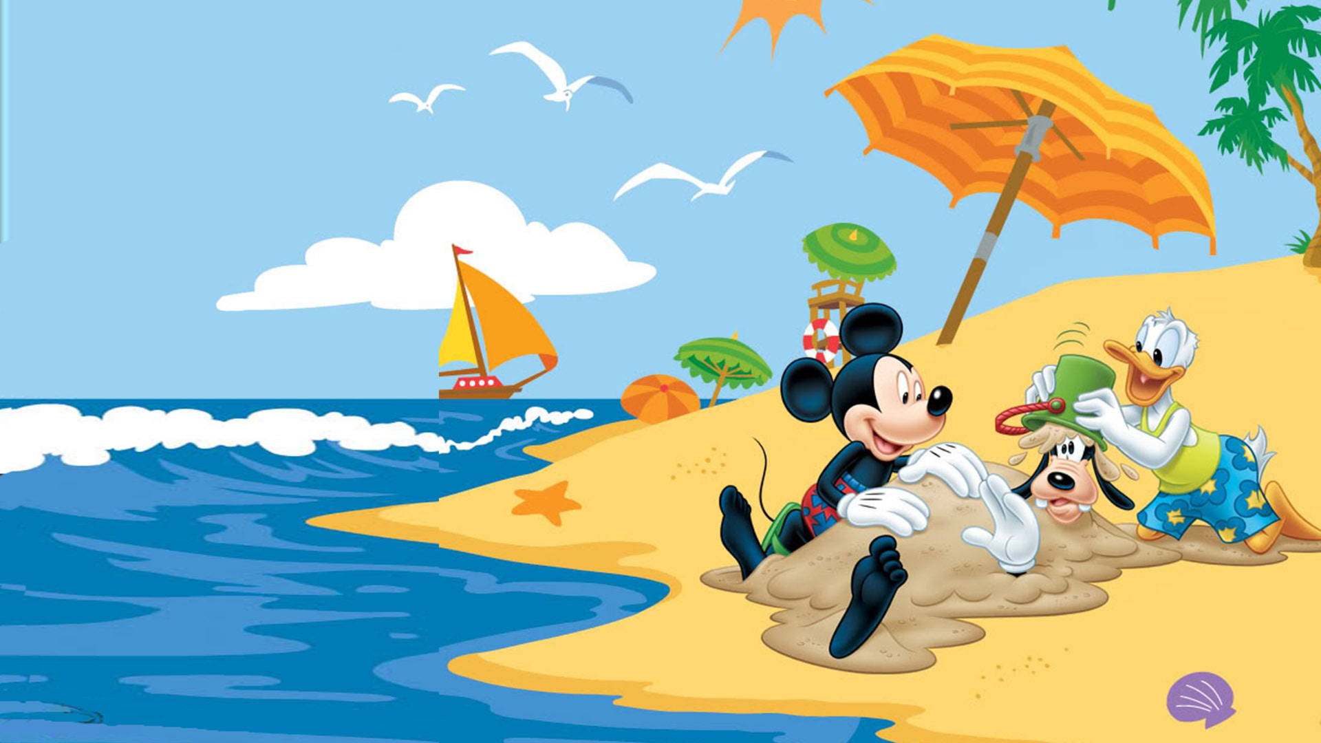 2560x1440 Disney Mickey, Goofy, Donald On Beach Wallpaper