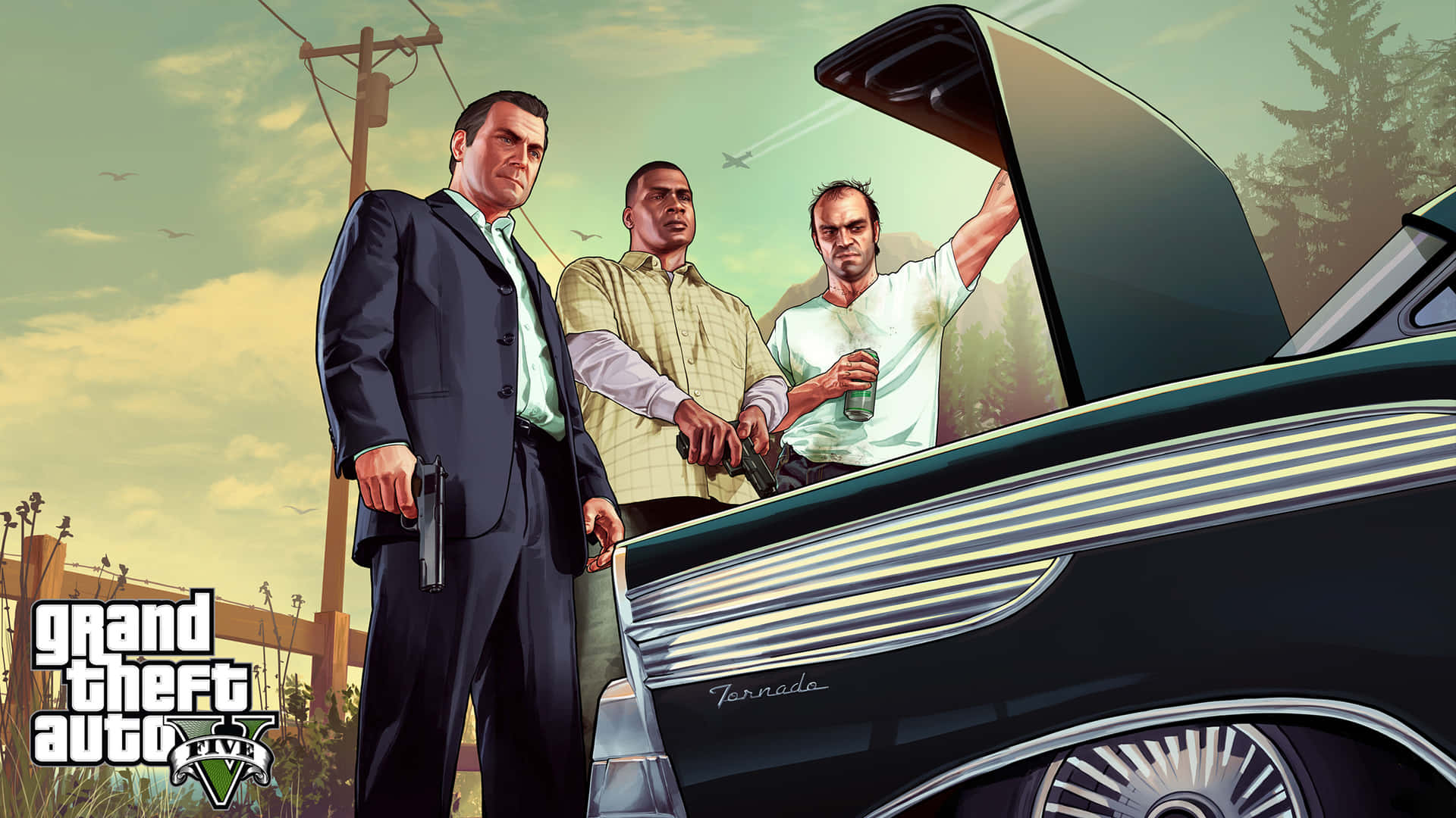 Et actionfyldt udsyn af Grand Theft Auto 5. Wallpaper