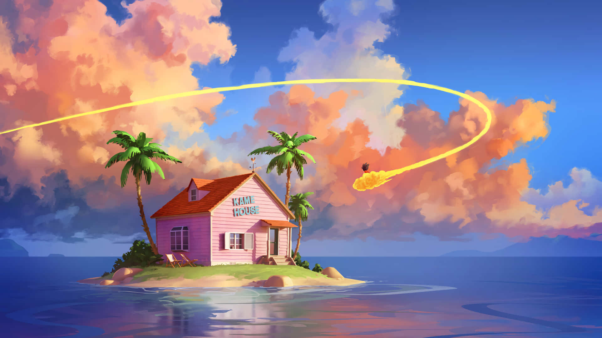 A Pink House On An Island With Palm Trees And Clouds
