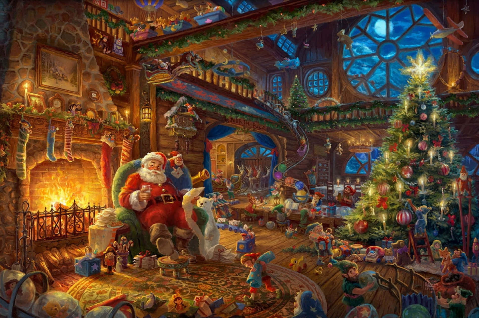 A Painting Of Santa Claus In A Christmas Room Wallpaper