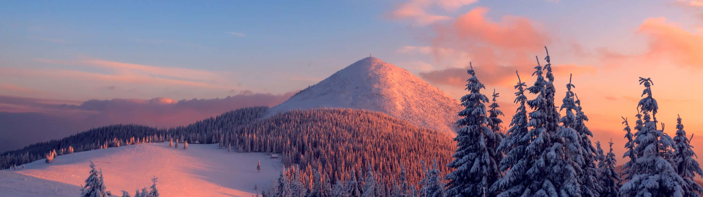 A Mountain With Snow Covered Trees And A Sunset Wallpaper
