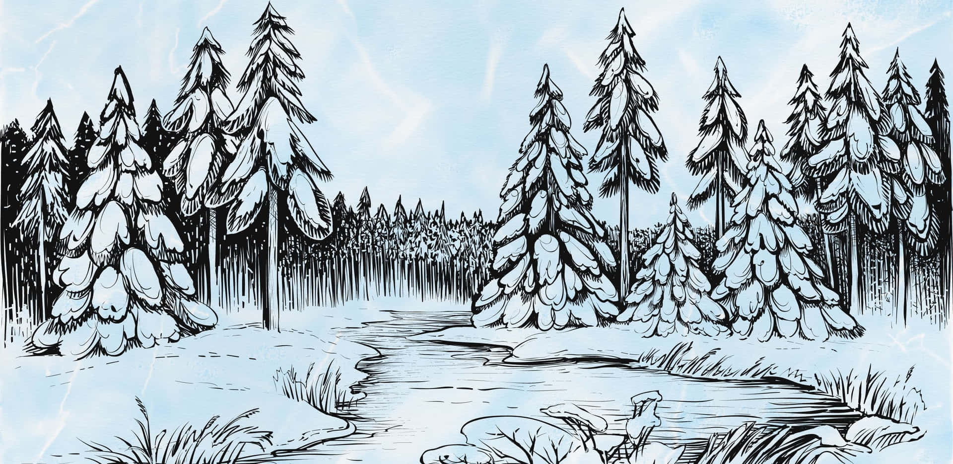 A Drawing Of A Snowy Forest With A Stream Wallpaper