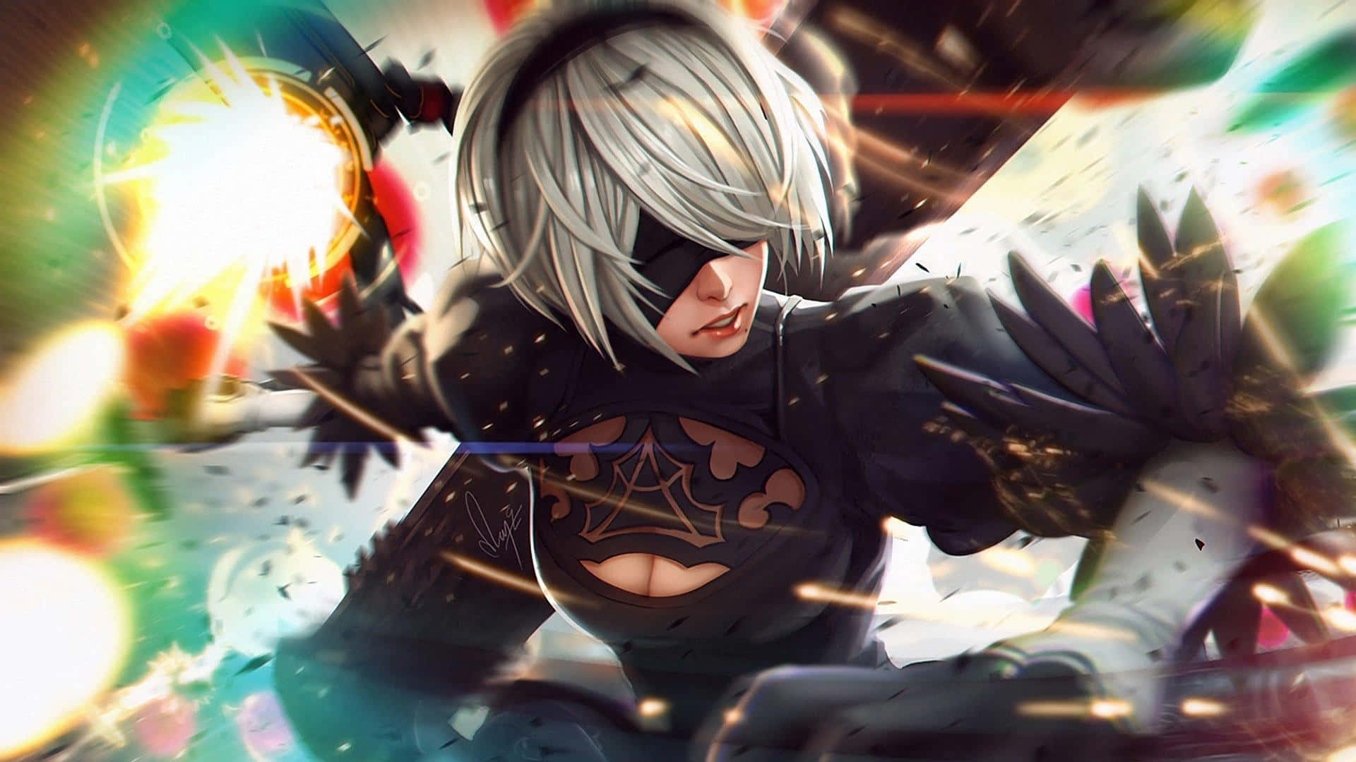 2B from NieR:Automata using her signature weapons to bring justice