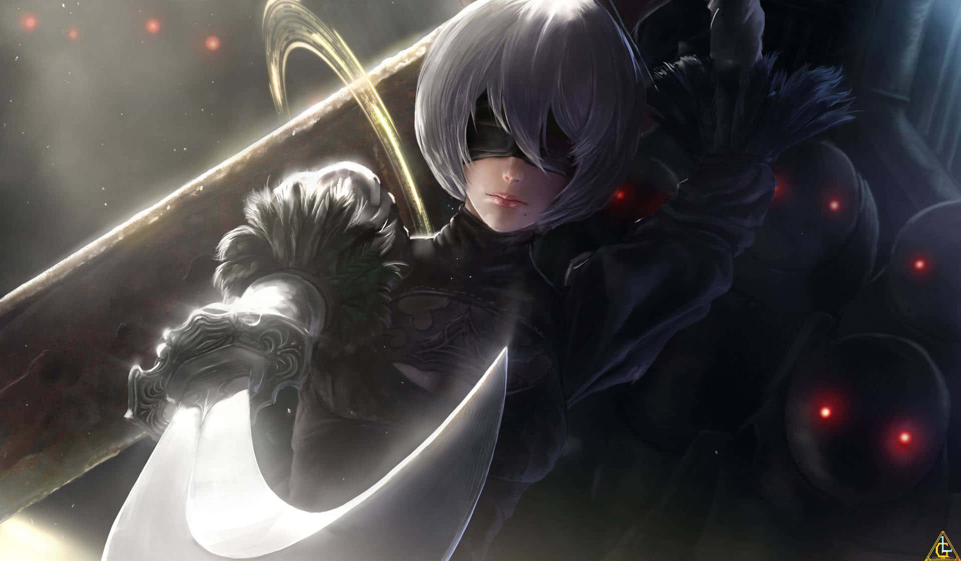 2B, the protagonist of Nier Automata, stares into the distance.