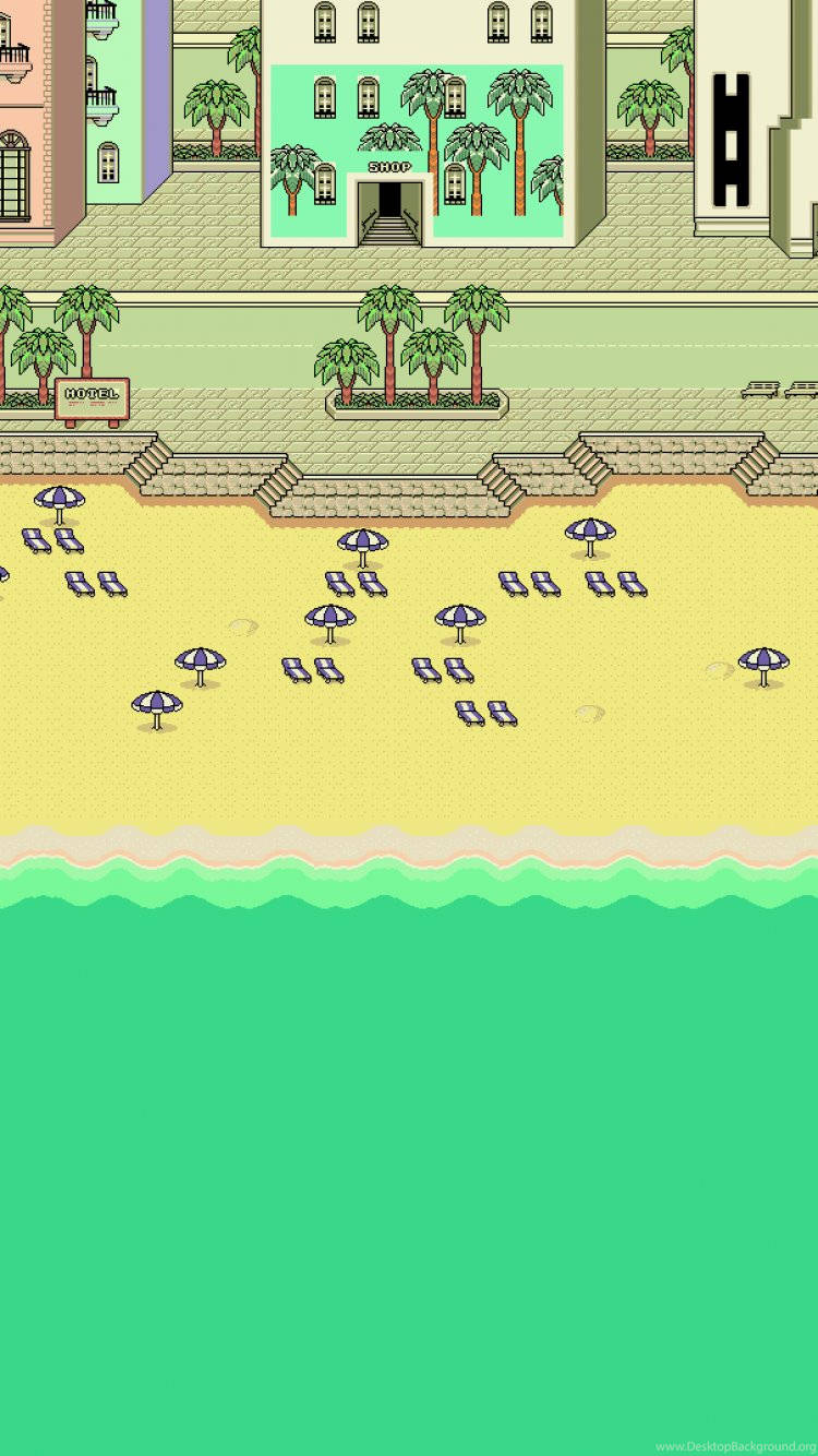 View of the tropical beach and shore in Earthbound Wallpaper