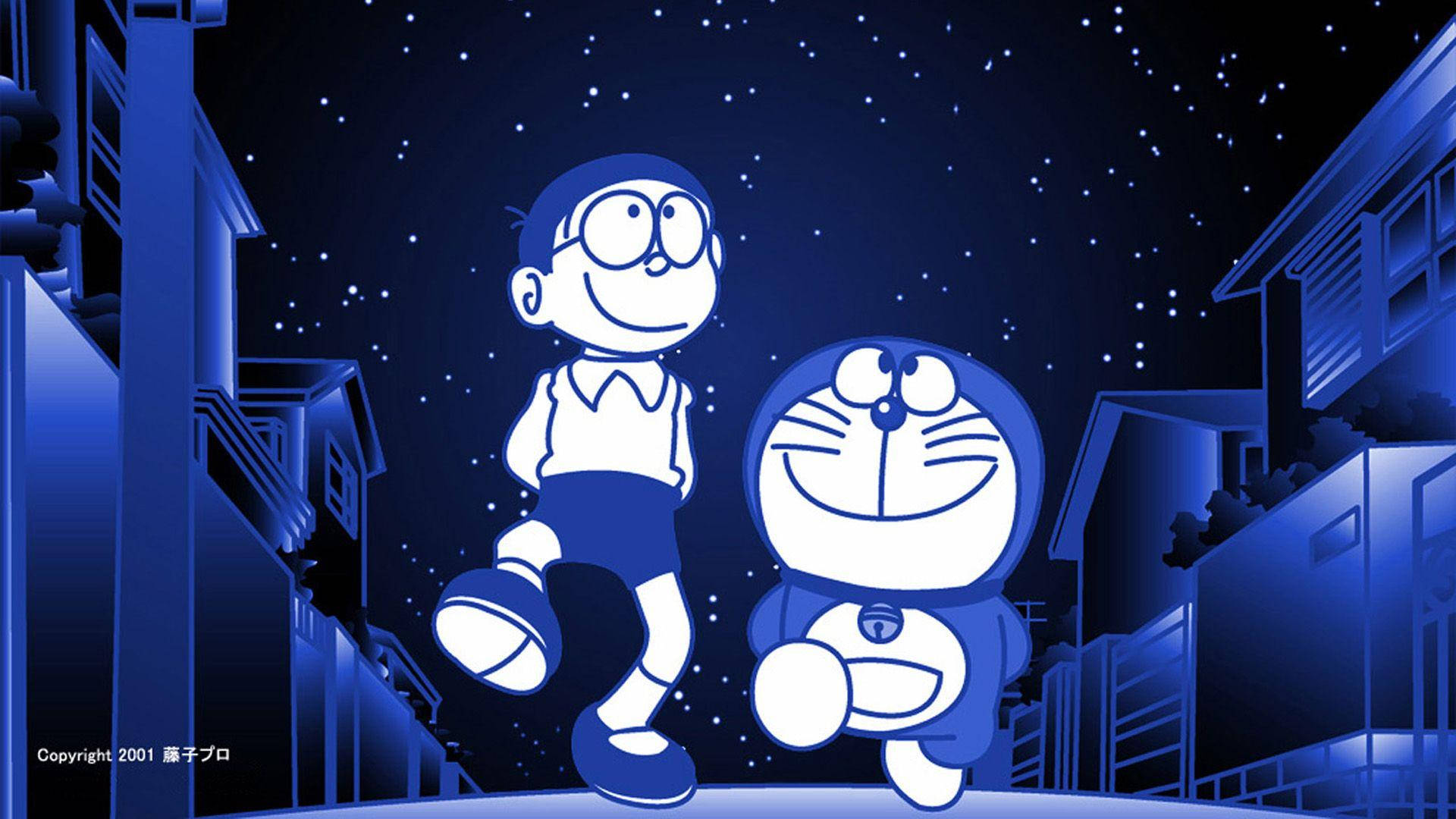 2d Cute Nobita And Doraemon Walking Background