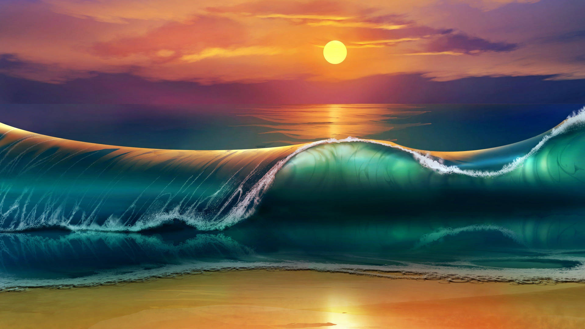 2k Sunset Hav Bølger Wallpaper